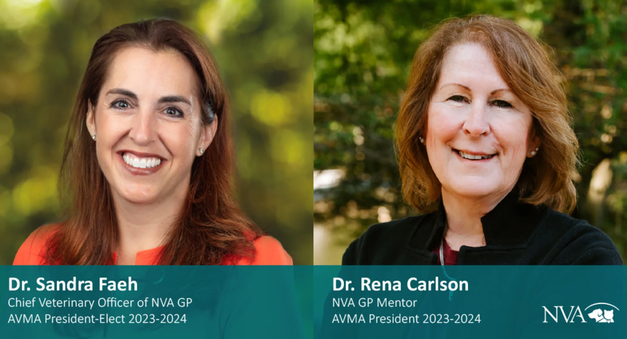 Dr. Sandra Faeh and Dr. Rena Carlson with NVA logo with green background